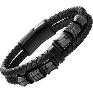 Mens Double-Row Braided Leather Bracelet Bangle Wristband Stainless Steel Gift